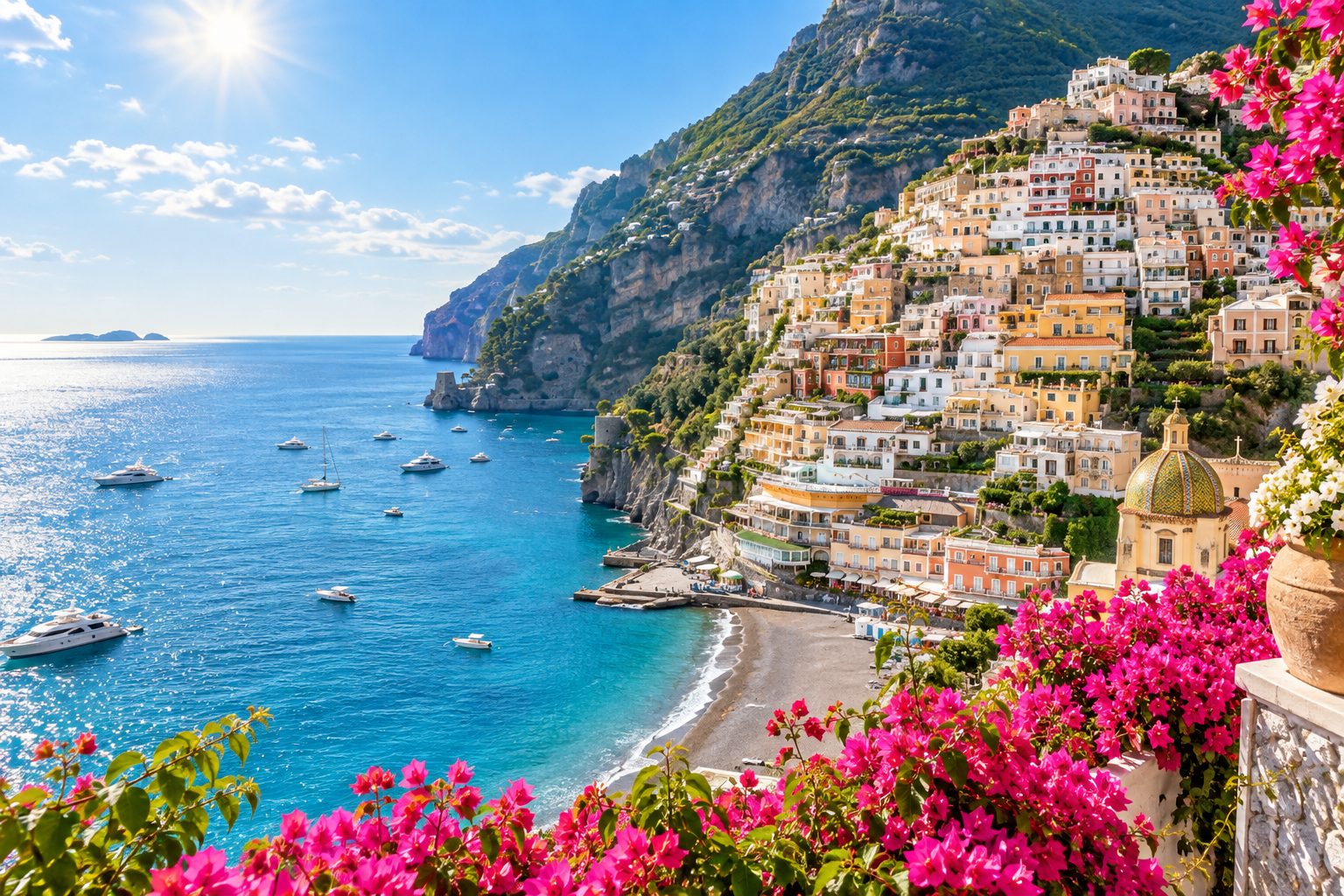 Pastel houses stacked above the sea on the Amalfi Coast at golden hour