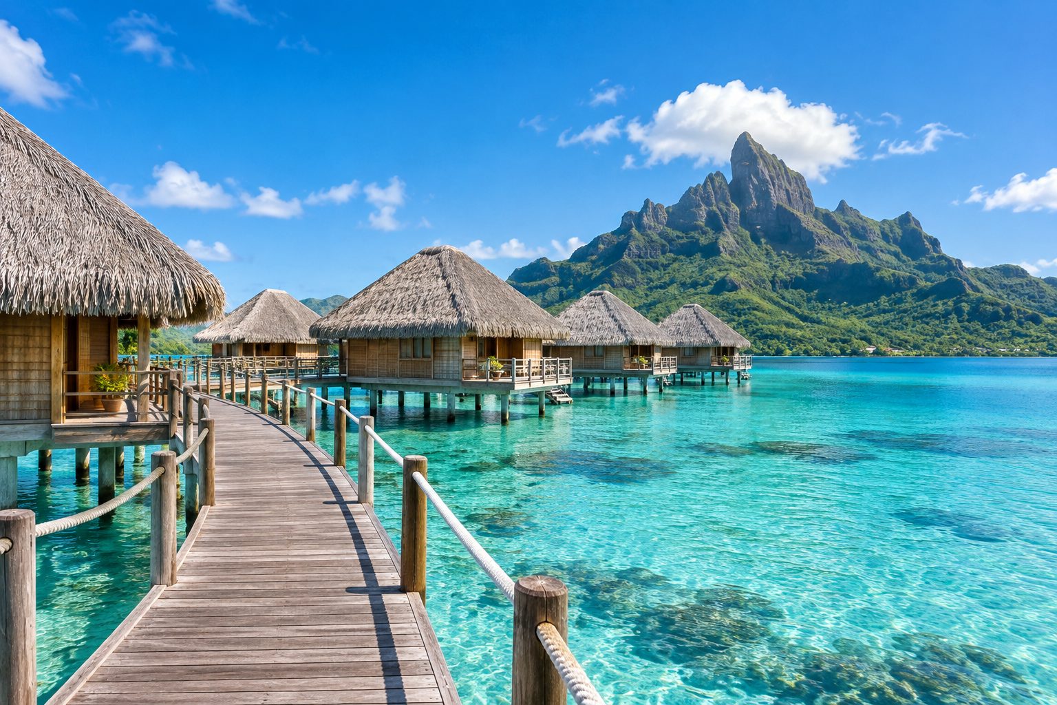 Overwater bungalows on a turquoise lagoon below a green volcanic peak