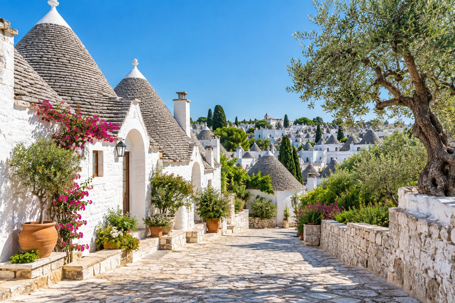 The whitewashed trulli roofs of Alberobello in Puglia under a clear sky